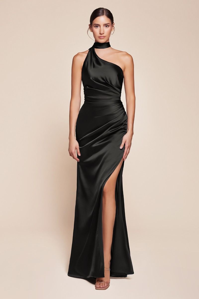 LA Satin Halter One Shoulder Black