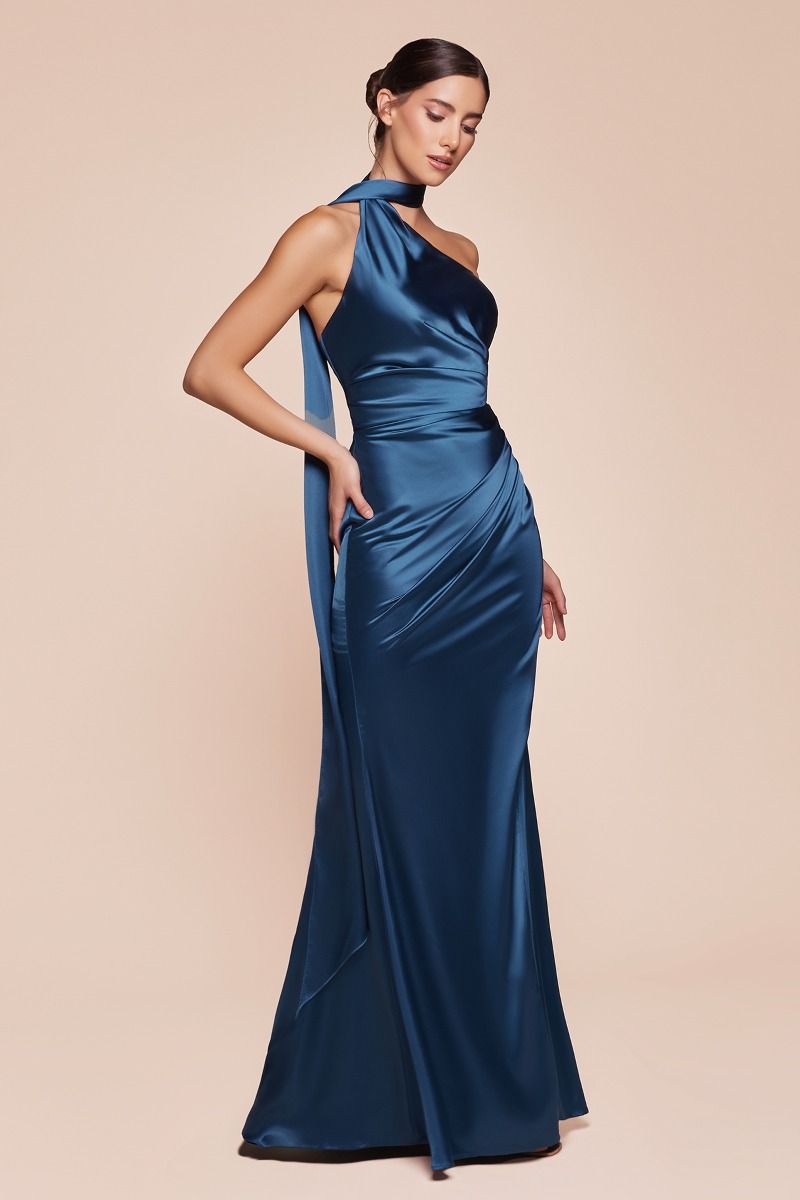 LA Satin Halter One Shoulder Navy