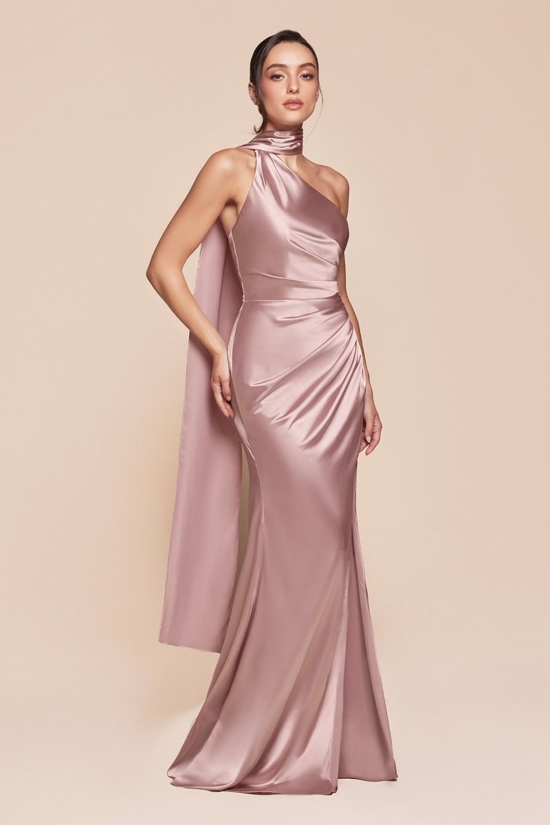 LA Satin Halter One Shoulder Mauve