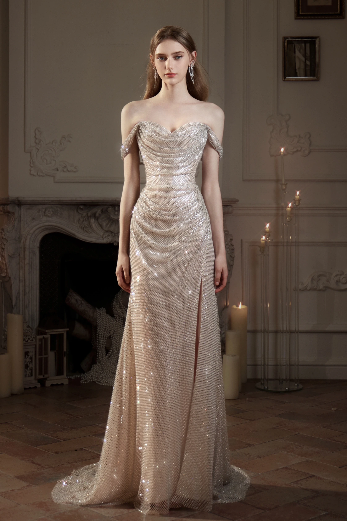 Lafine Diamond Droplet Off Shoulder Silver-nude