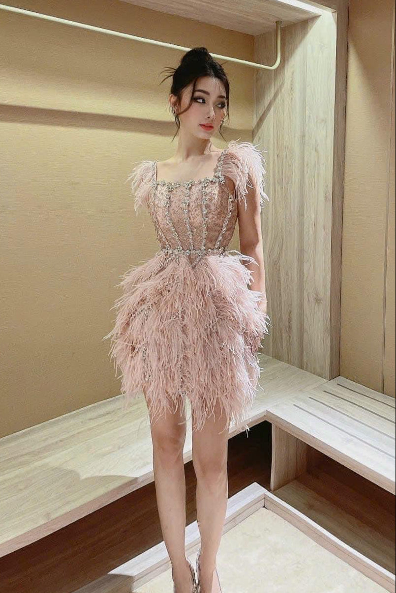 V Mystic Feather Mini Dress Pink