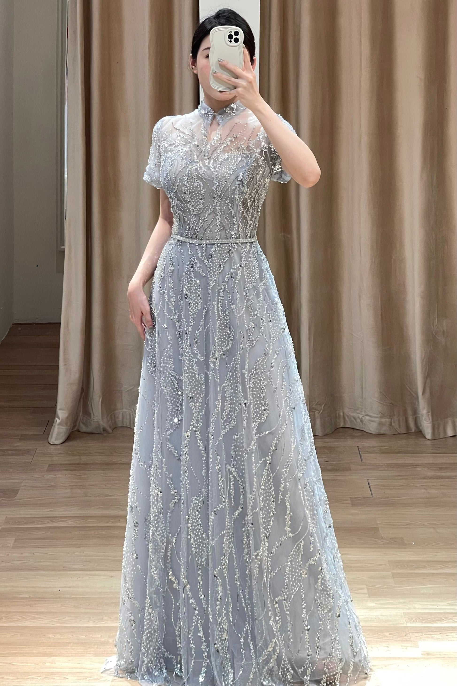 MM Oriental Collar Crystal Dress Silver