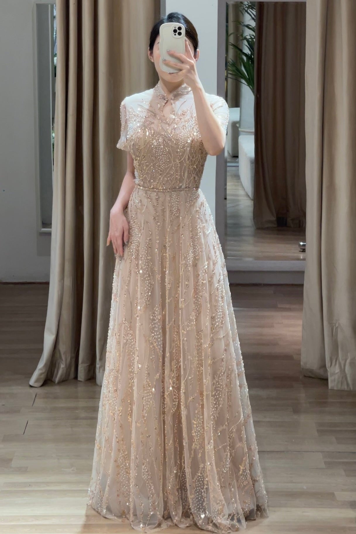 MM Oriental Collar Crystal Dress Champagne
