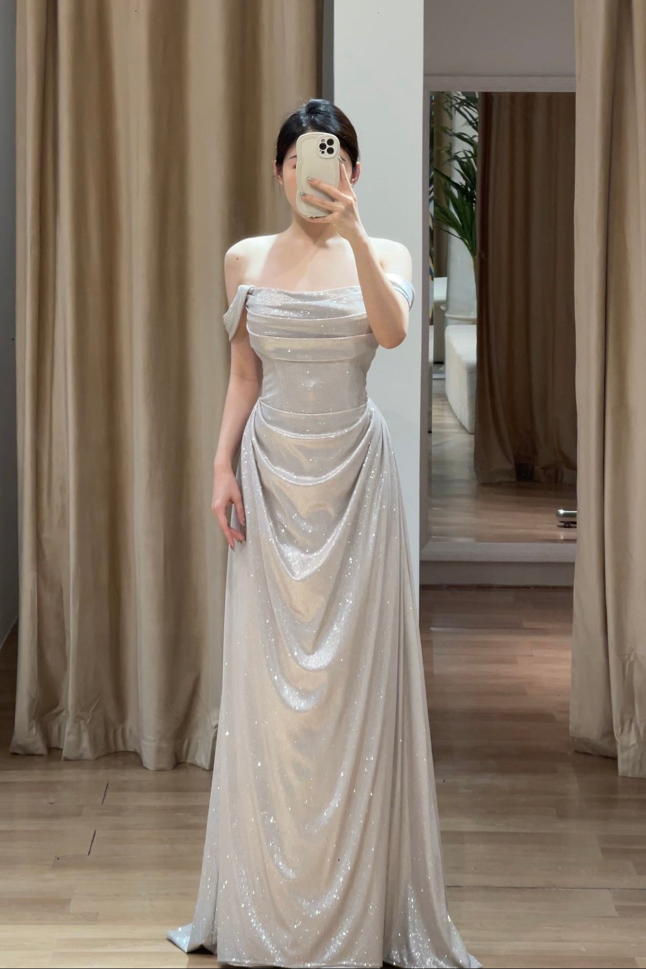 Jadore Platinum Off Shoulder A-line Gown