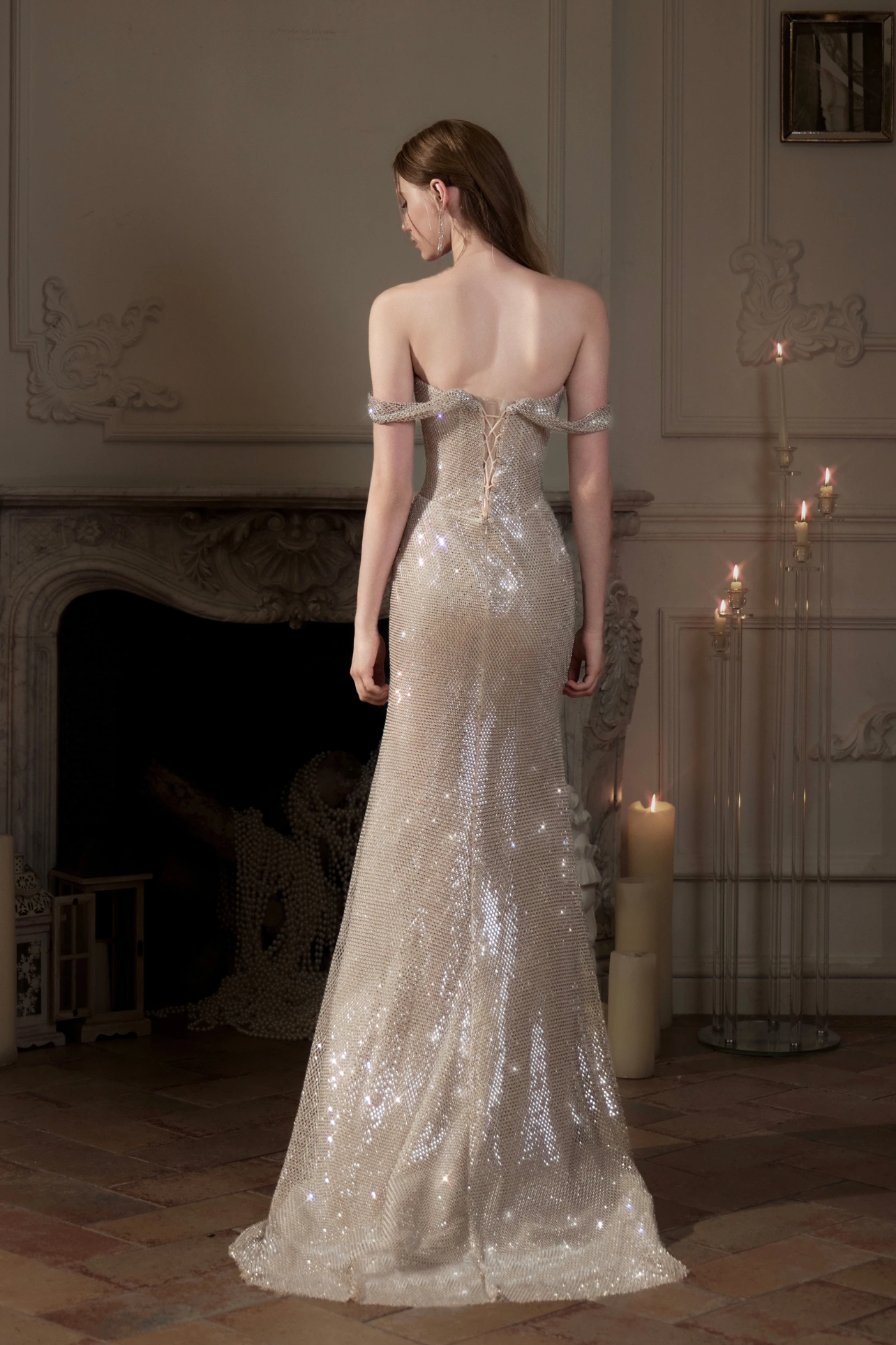 Lafine Diamond Droplet Off Shoulder Silver-nude